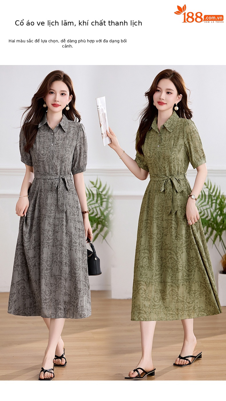 Đầm suông midi cổ bẻ họa tiết hoa nhí thiết kế dây buộc eo — xanh lá cây, màu xám chi tiết 4