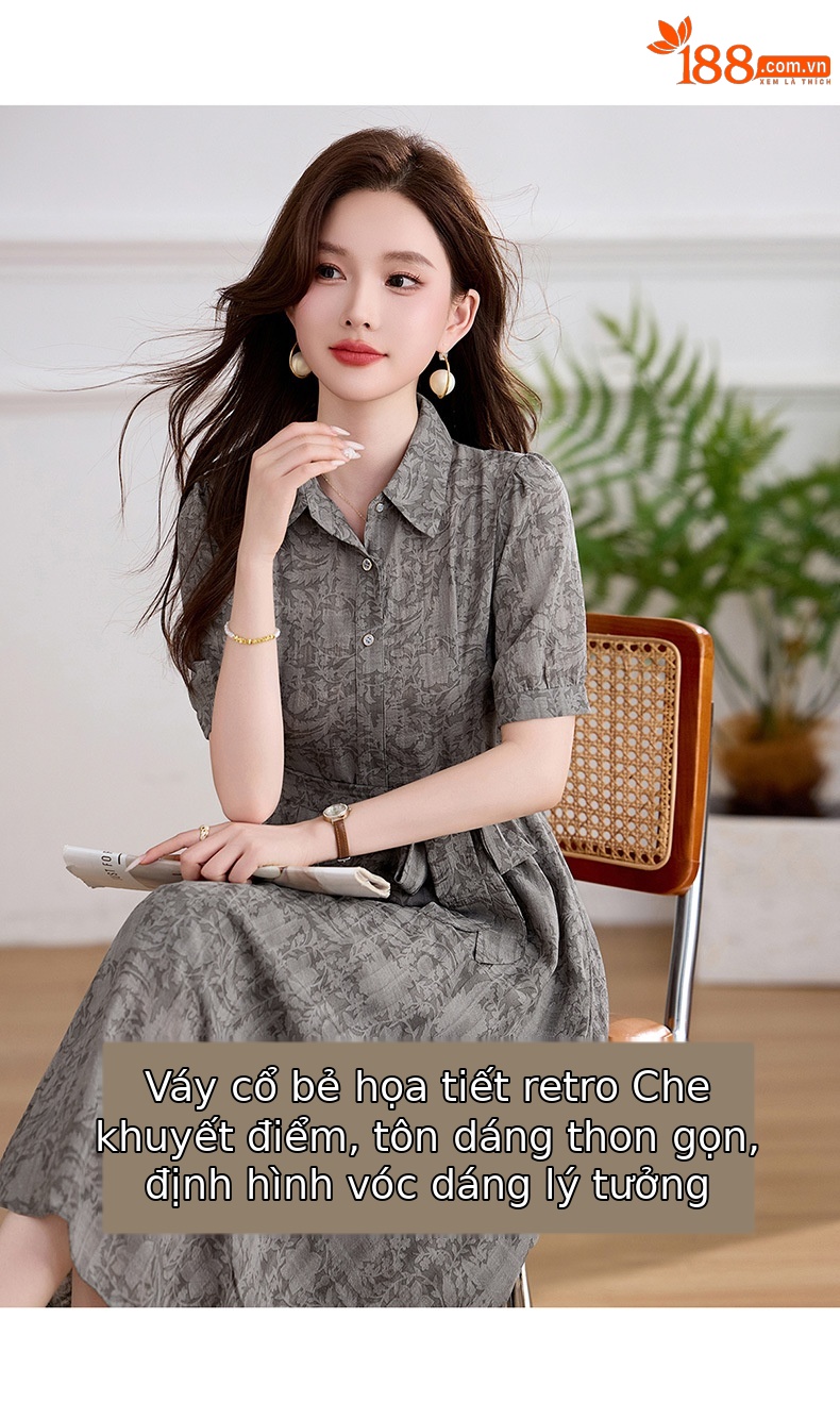 Đầm suông midi cổ bẻ họa tiết hoa nhí thiết kế dây buộc eo — xanh lá cây, màu xám chi tiết 5