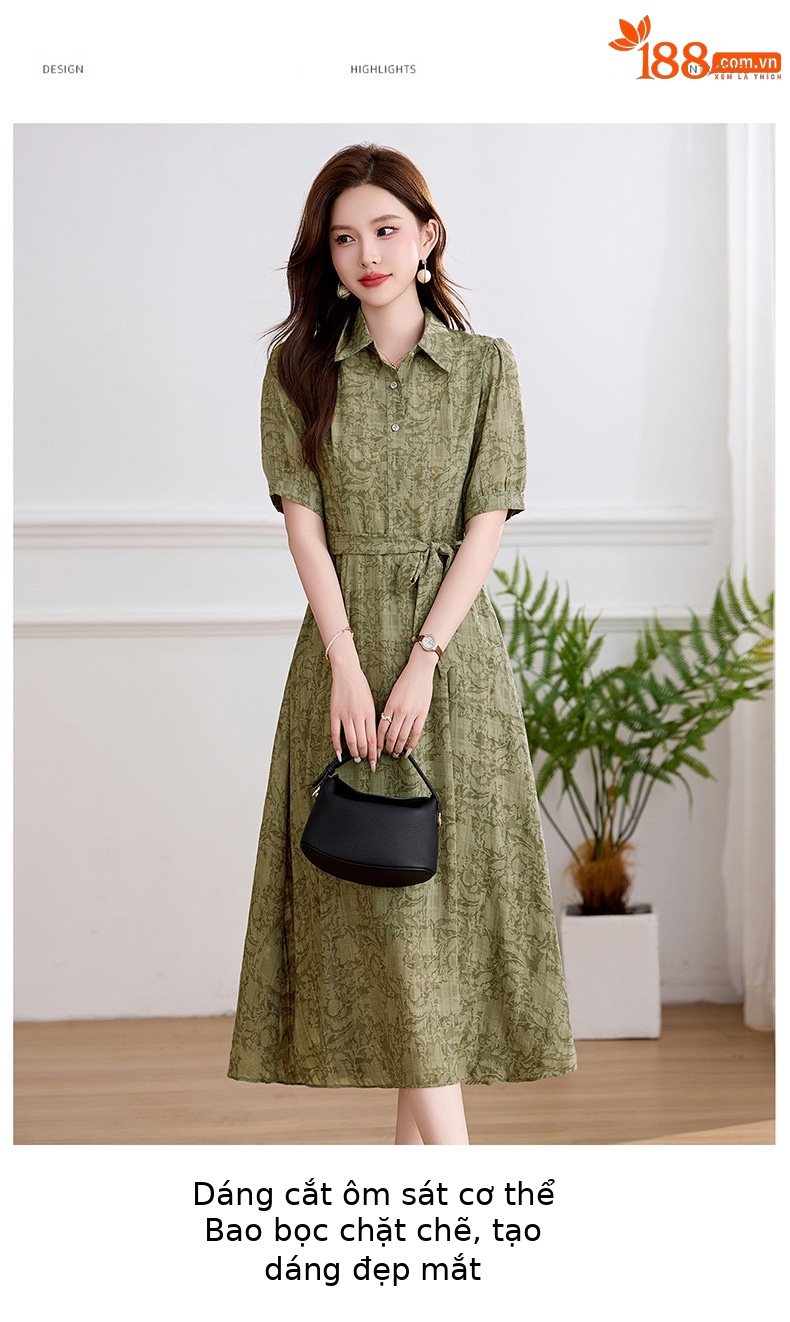 Đầm suông midi cổ bẻ họa tiết hoa nhí thiết kế dây buộc eo — xanh lá cây, màu xám chi tiết 7
