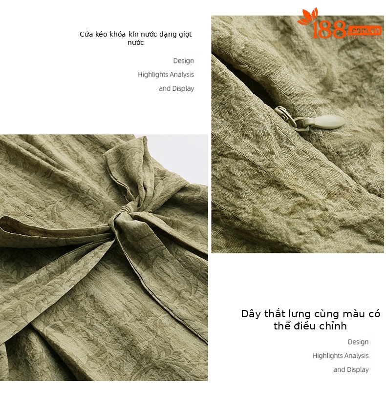 Đầm suông midi cổ bẻ họa tiết hoa nhí thiết kế dây buộc eo — xanh lá cây, màu xám chi tiết 8