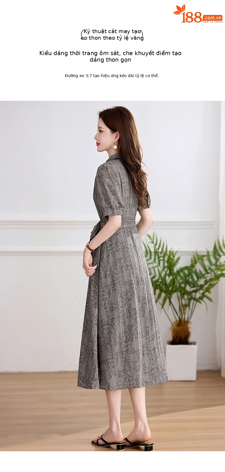 Đầm suông midi cổ bẻ họa tiết hoa nhí thiết kế dây buộc eo — xanh lá cây, màu xám chi tiết 9