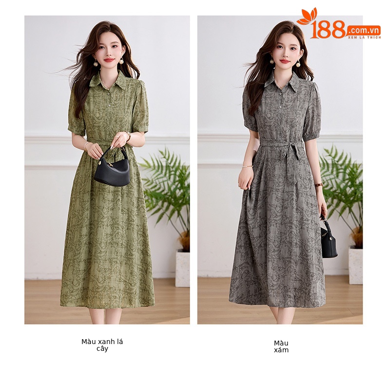 Đầm suông midi cổ bẻ họa tiết hoa nhí thiết kế dây buộc eo — xanh lá cây, màu xám chi tiết 12