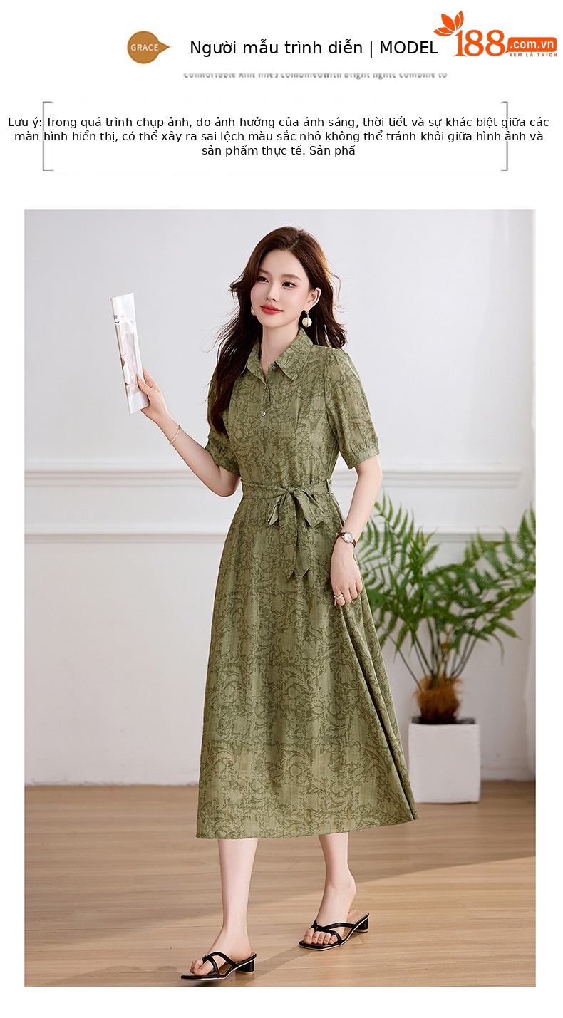 Đầm suông midi cổ bẻ họa tiết hoa nhí thiết kế dây buộc eo — xanh lá cây, màu xám chi tiết 13