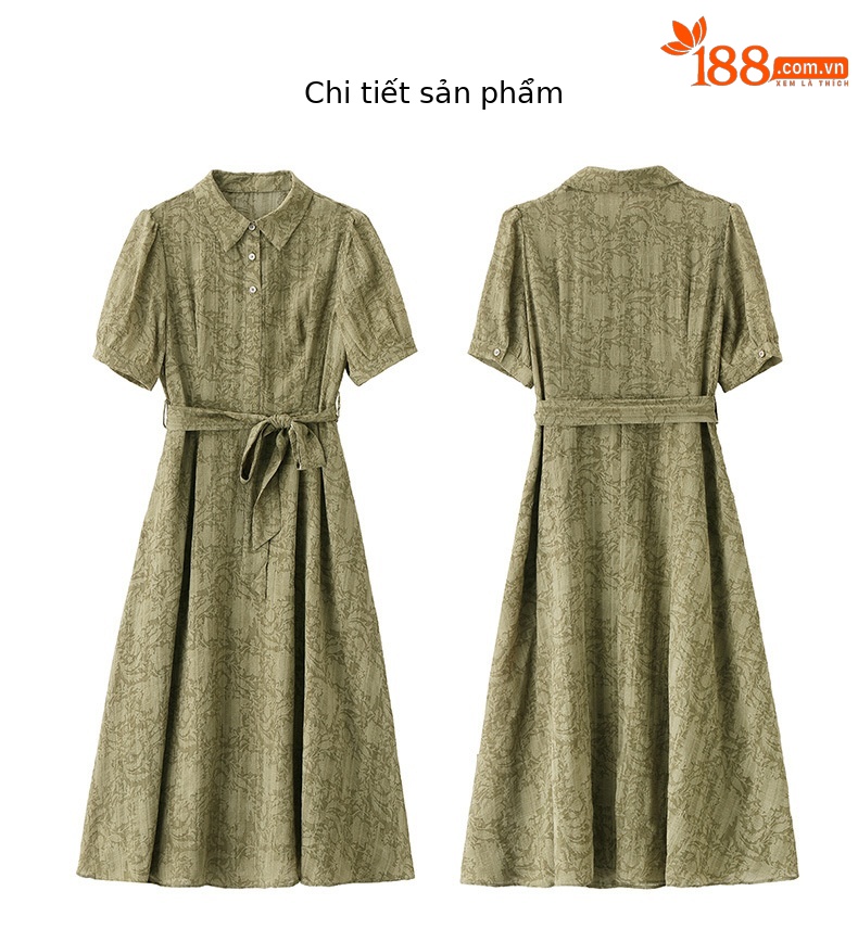 Đầm suông midi cổ bẻ họa tiết hoa nhí thiết kế dây buộc eo — xanh lá cây, màu xám chi tiết 26
