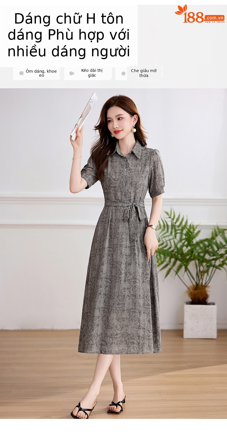 Đầm suông midi cổ bẻ họa tiết hoa nhí thiết kế dây buộc eo — xanh lá cây, màu xám chi tiết 2