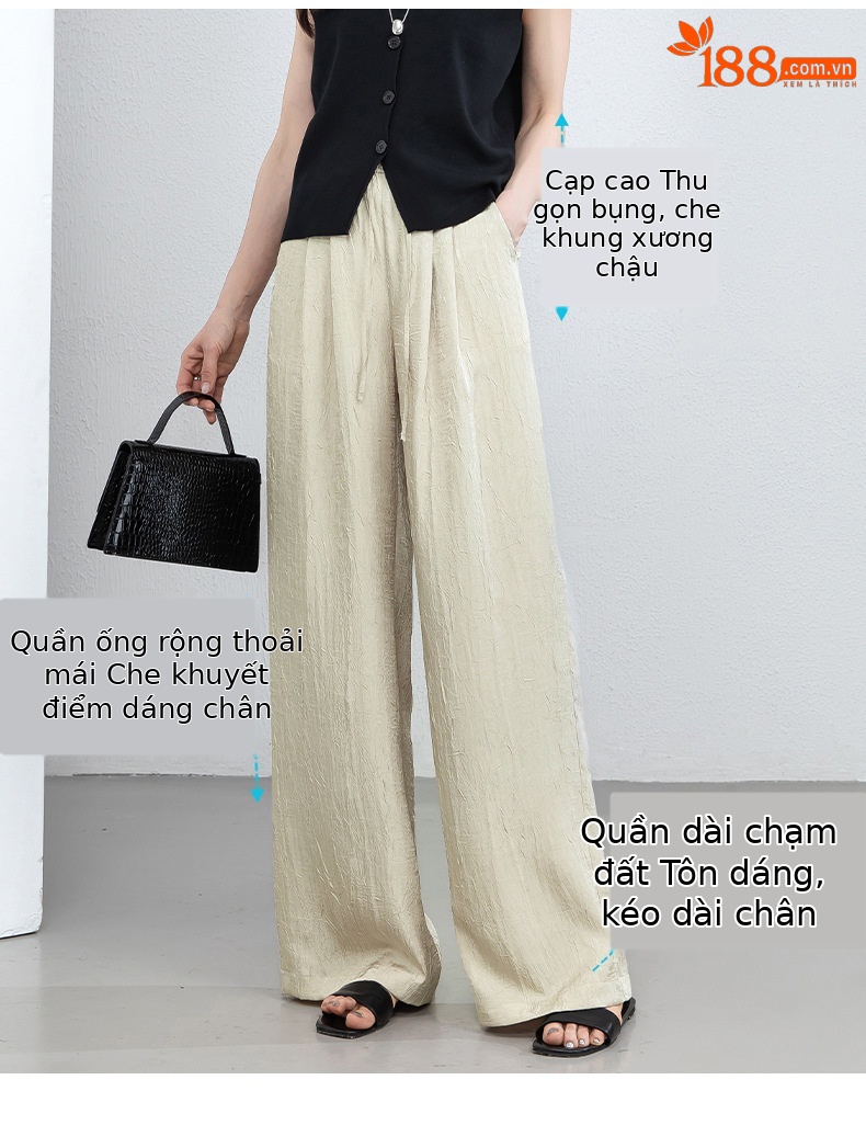 Quần culottes nữ ống rộng chất liệu mềm mại, cạp chun, dáng suông rủ nhẹ — màu trắng ngà chi tiết 4