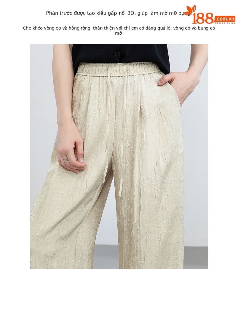 Quần culottes nữ ống rộng chất liệu mềm mại, cạp chun, dáng suông rủ nhẹ — màu trắng ngà chi tiết 5