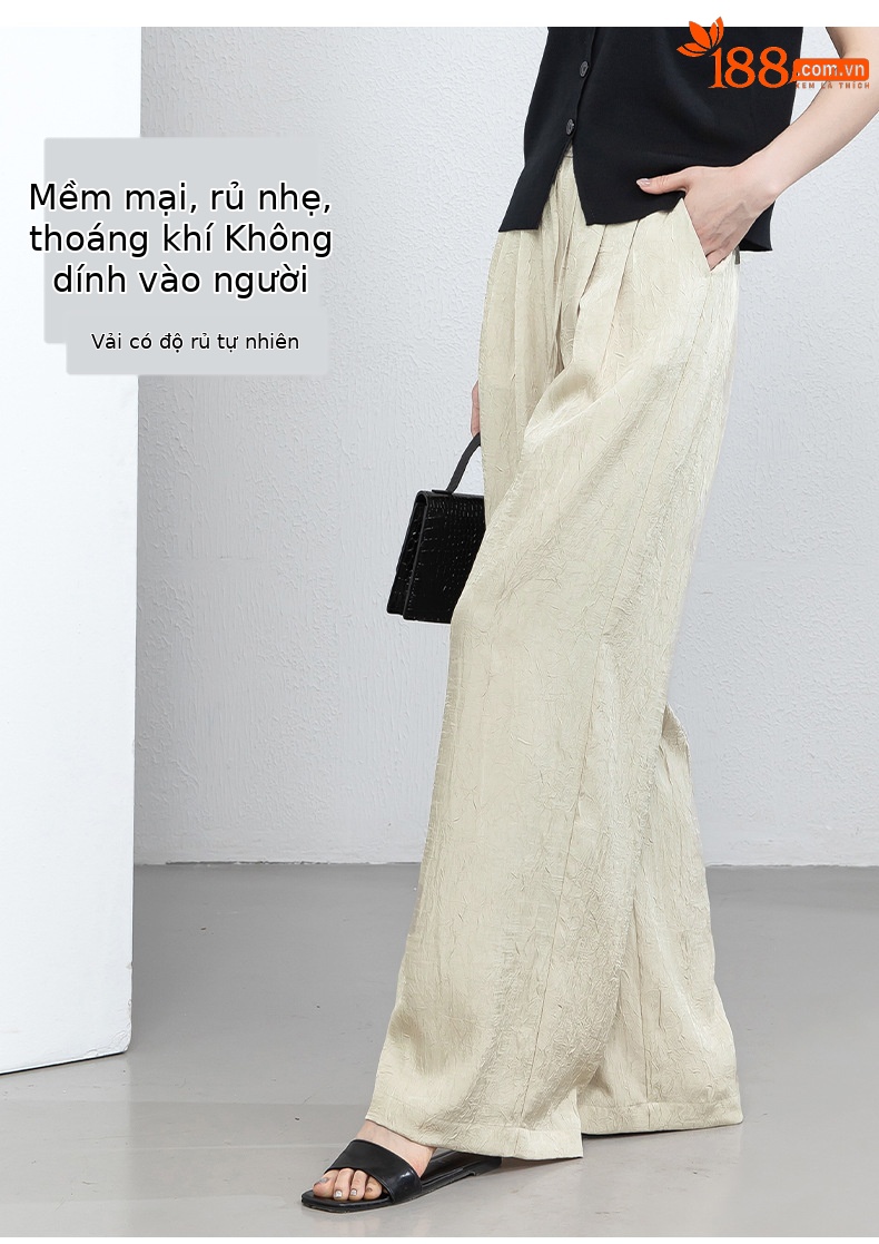 Quần culottes nữ ống rộng chất liệu mềm mại, cạp chun, dáng suông rủ nhẹ — màu trắng ngà chi tiết 10