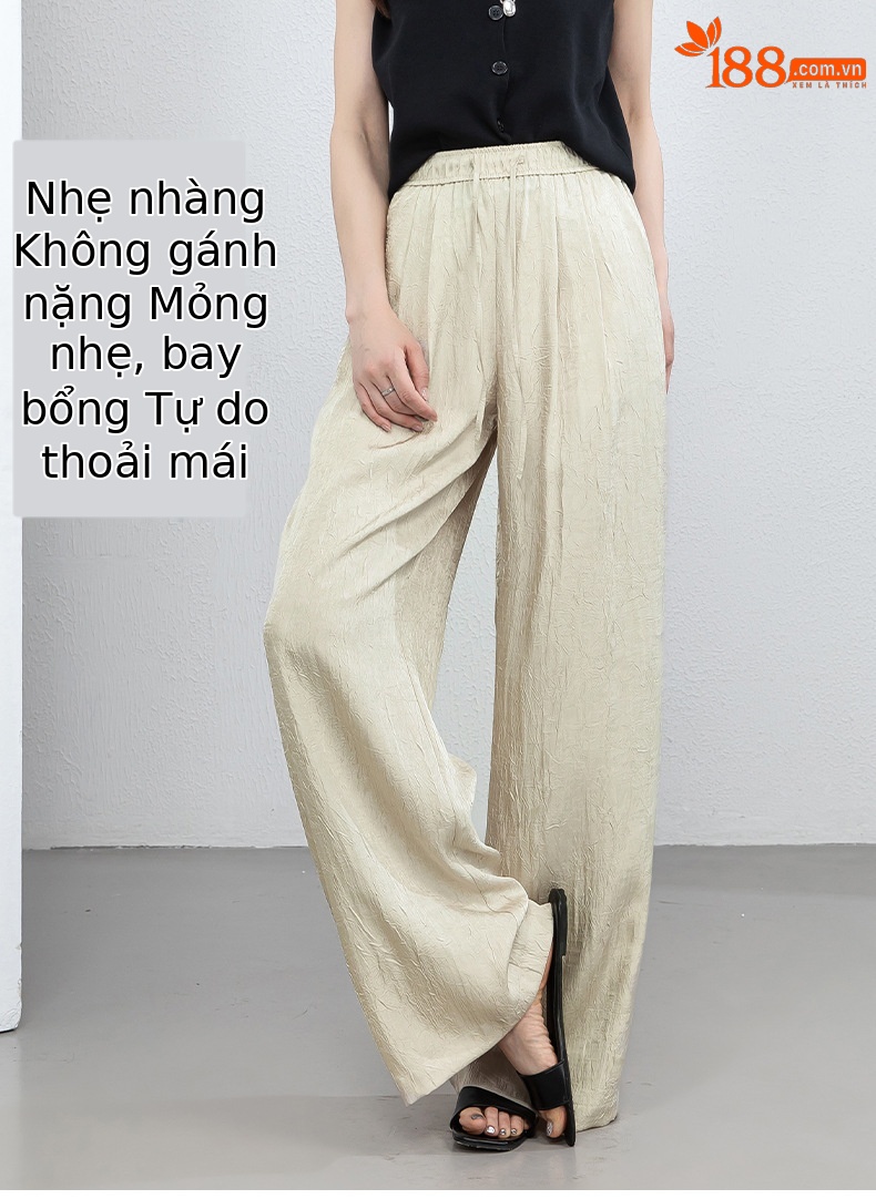 Quần culottes nữ ống rộng chất liệu mềm mại, cạp chun, dáng suông rủ nhẹ — màu trắng ngà chi tiết 12
