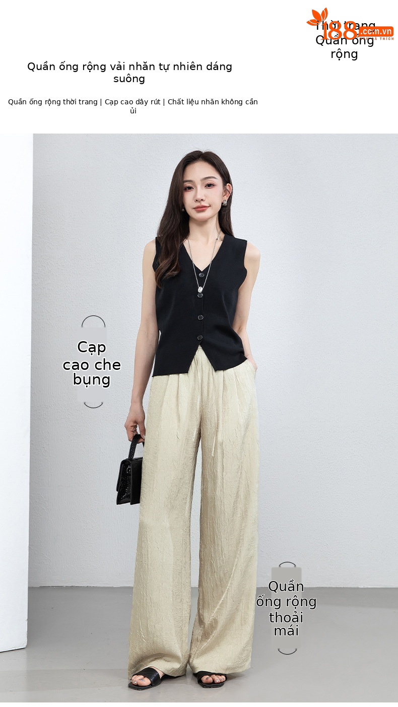 Quần culottes nữ ống rộng chất liệu mềm mại, cạp chun, dáng suông rủ nhẹ — màu trắng ngà chi tiết 1