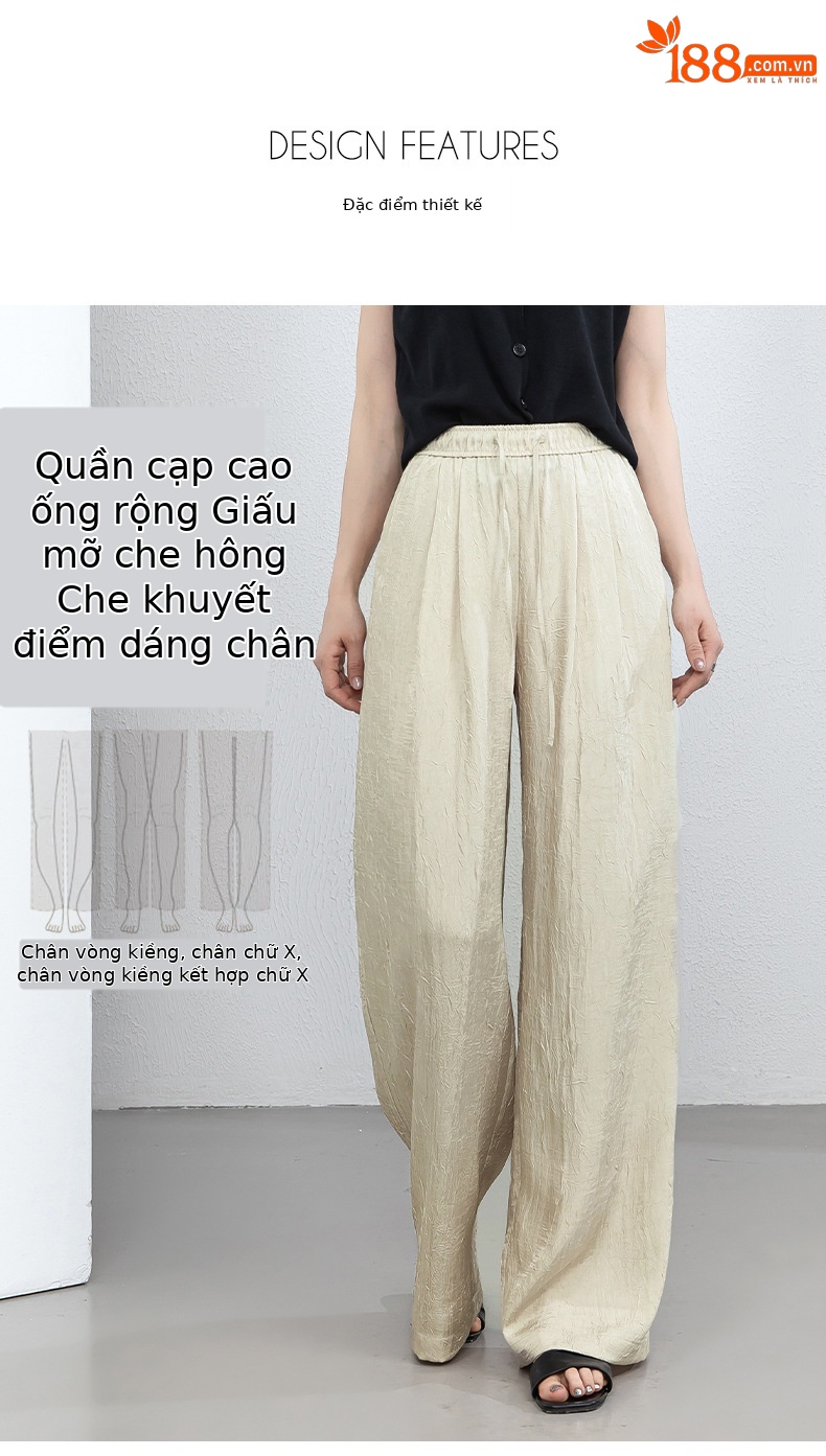 Quần culottes nữ ống rộng chất liệu mềm mại, cạp chun, dáng suông rủ nhẹ — màu trắng ngà chi tiết 7