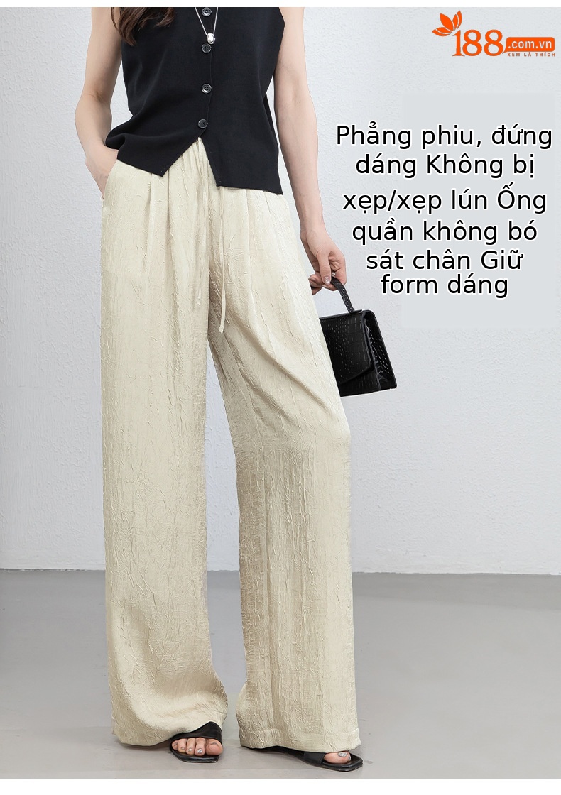 Quần culottes nữ ống rộng chất liệu mềm mại, cạp chun, dáng suông rủ nhẹ — màu trắng ngà chi tiết 8