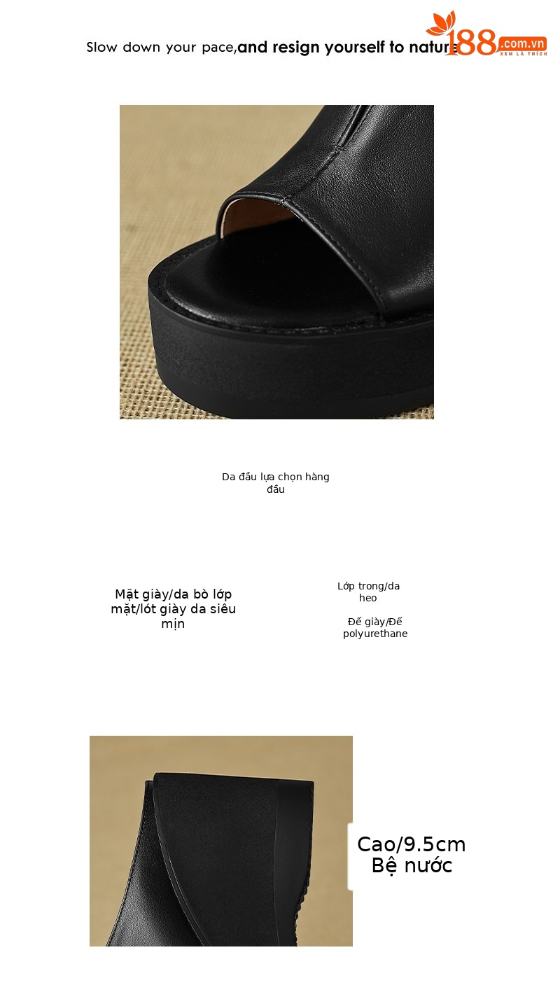 Dép sandal cao gót nữ mũi cá, đế xuồng dày, quai ngang, gót 8 cm — đen chi tiết 3