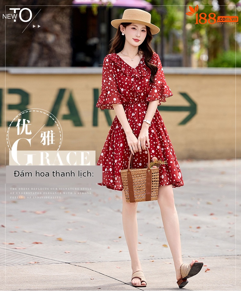 Đầm maxi nữ thắt eo cổ V in chấm bi đỏ — màu đen, màu đỏ chi tiết 1