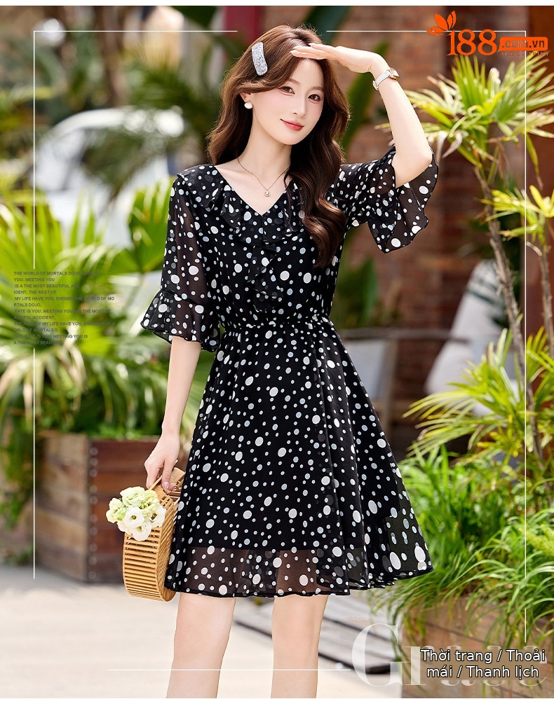 Đầm maxi nữ thắt eo cổ V in chấm bi đỏ — màu đen, màu đỏ chi tiết 2