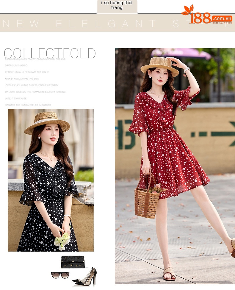 Đầm maxi nữ thắt eo cổ V in chấm bi đỏ — màu đen, màu đỏ chi tiết 3