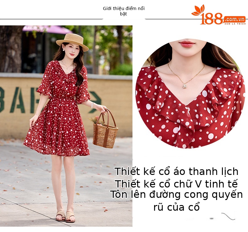 Đầm maxi nữ thắt eo cổ V in chấm bi đỏ — màu đen, màu đỏ chi tiết 4