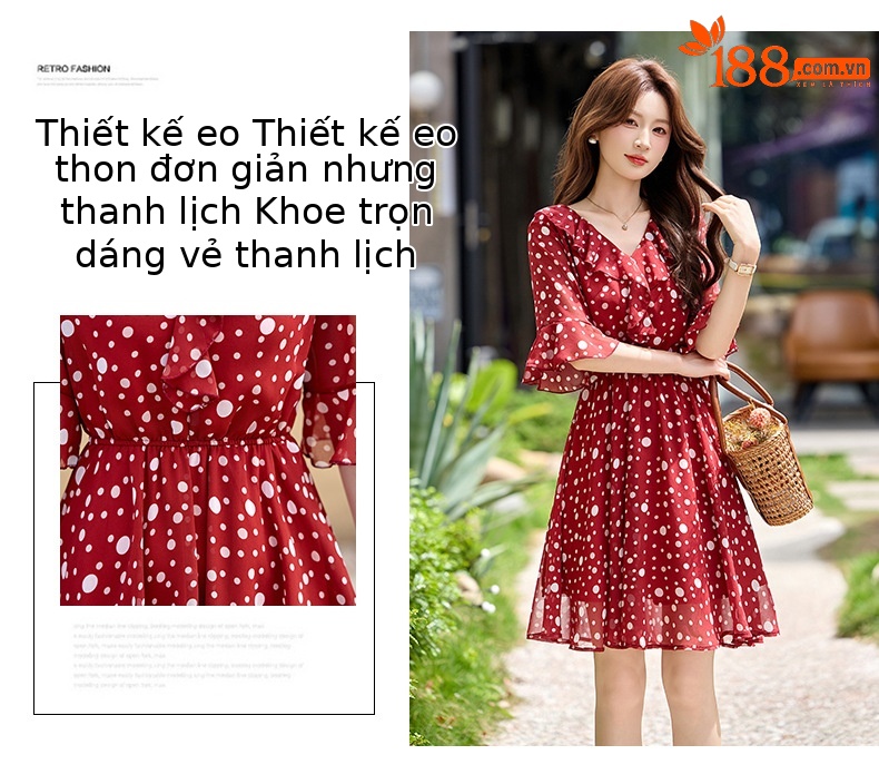 Đầm maxi nữ thắt eo cổ V in chấm bi đỏ — màu đen, màu đỏ chi tiết 5