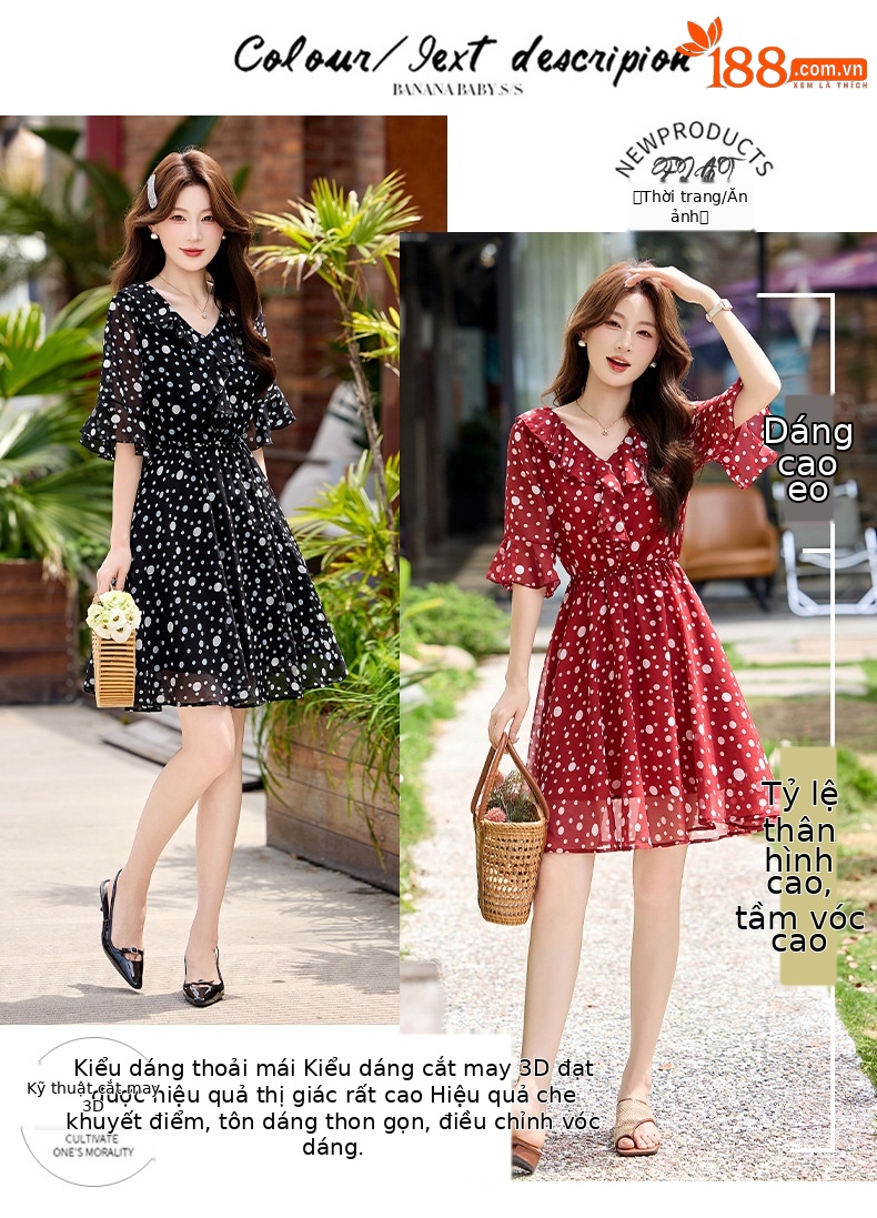Đầm maxi nữ thắt eo cổ V in chấm bi đỏ — màu đen, màu đỏ chi tiết 7