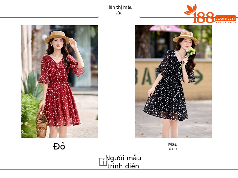 Đầm maxi nữ thắt eo cổ V in chấm bi đỏ — màu đen, màu đỏ chi tiết 8