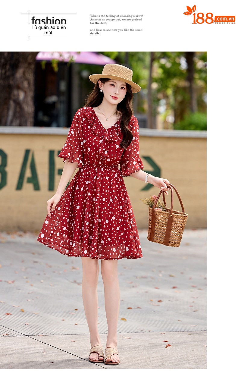 Đầm maxi nữ thắt eo cổ V in chấm bi đỏ — màu đen, màu đỏ chi tiết 18