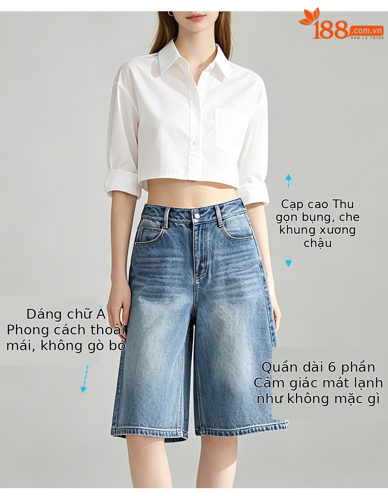 Quần jean nữ ống rộng cạp cao dáng suông thoáng mát — xanh lam chi tiết 5