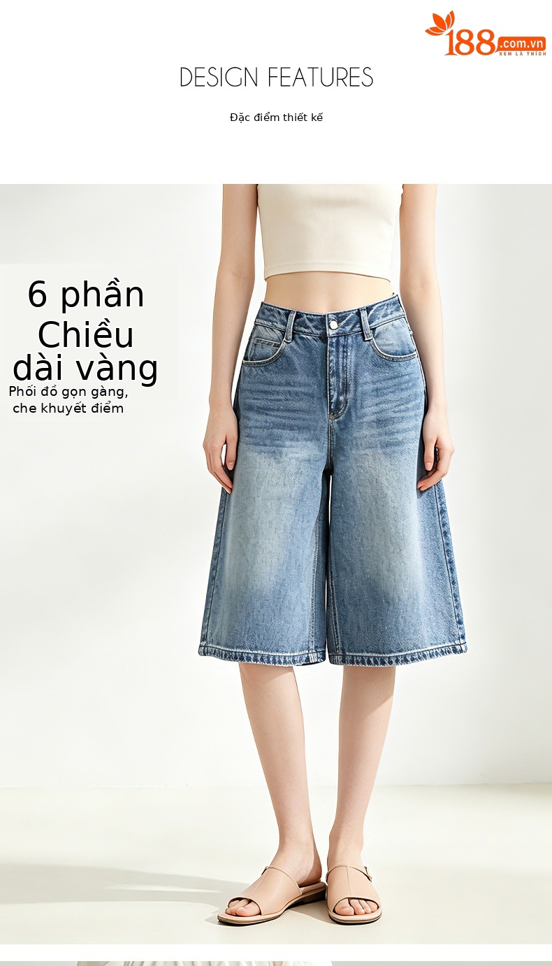 Quần jean nữ ống rộng cạp cao dáng suông thoáng mát — xanh lam chi tiết 6