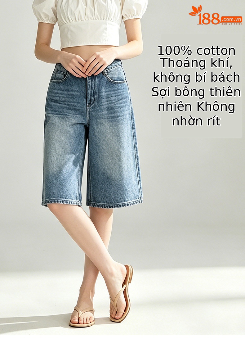 Quần jean nữ ống rộng cạp cao dáng suông thoáng mát — xanh lam chi tiết 7