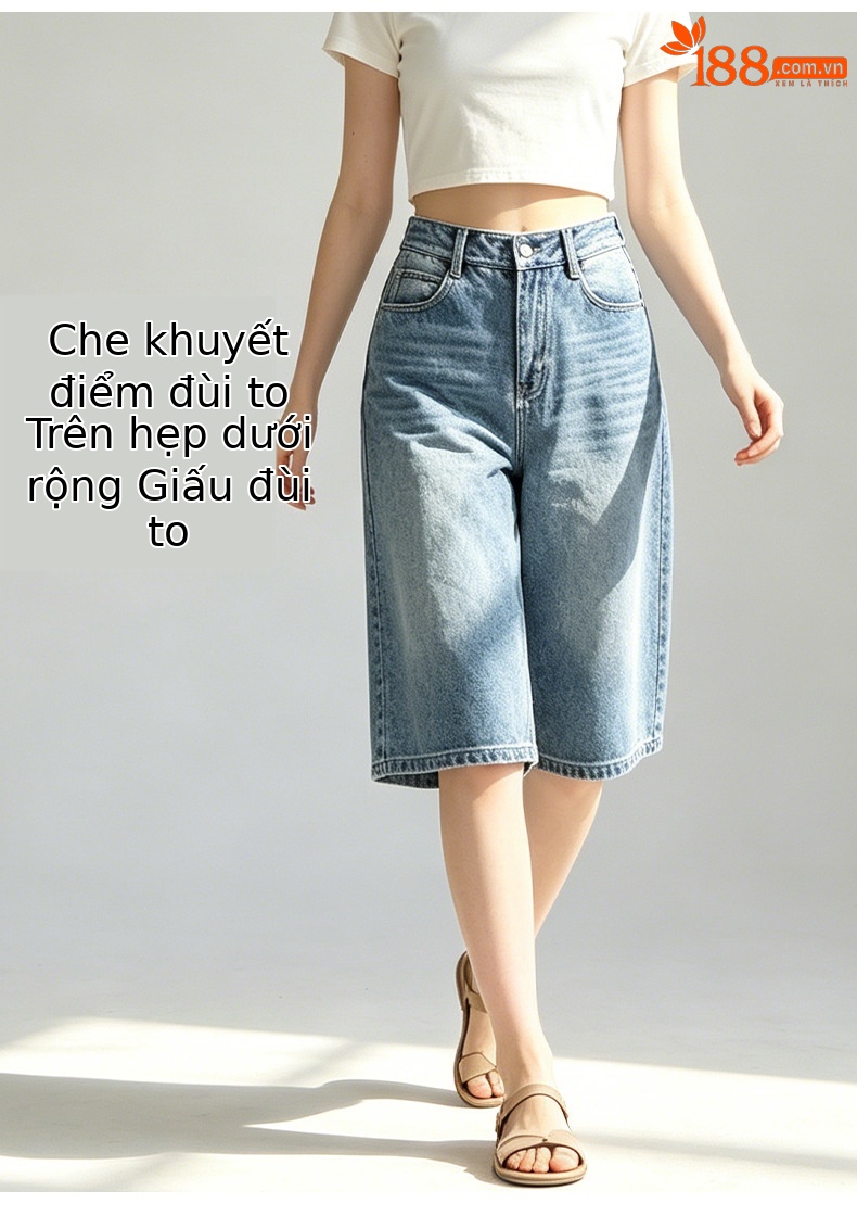 Quần jean nữ ống rộng cạp cao dáng suông thoáng mát — xanh lam chi tiết 8