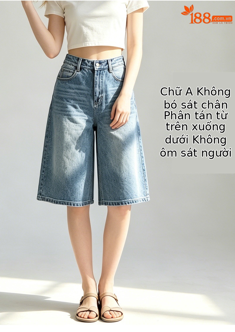 Quần jean nữ ống rộng cạp cao dáng suông thoáng mát — xanh lam chi tiết 9