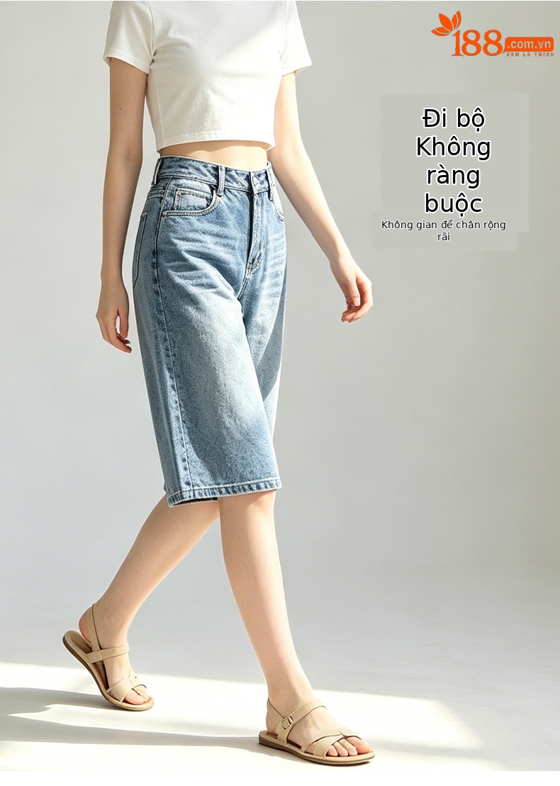 Quần jean nữ ống rộng cạp cao dáng suông thoáng mát — xanh lam chi tiết 10
