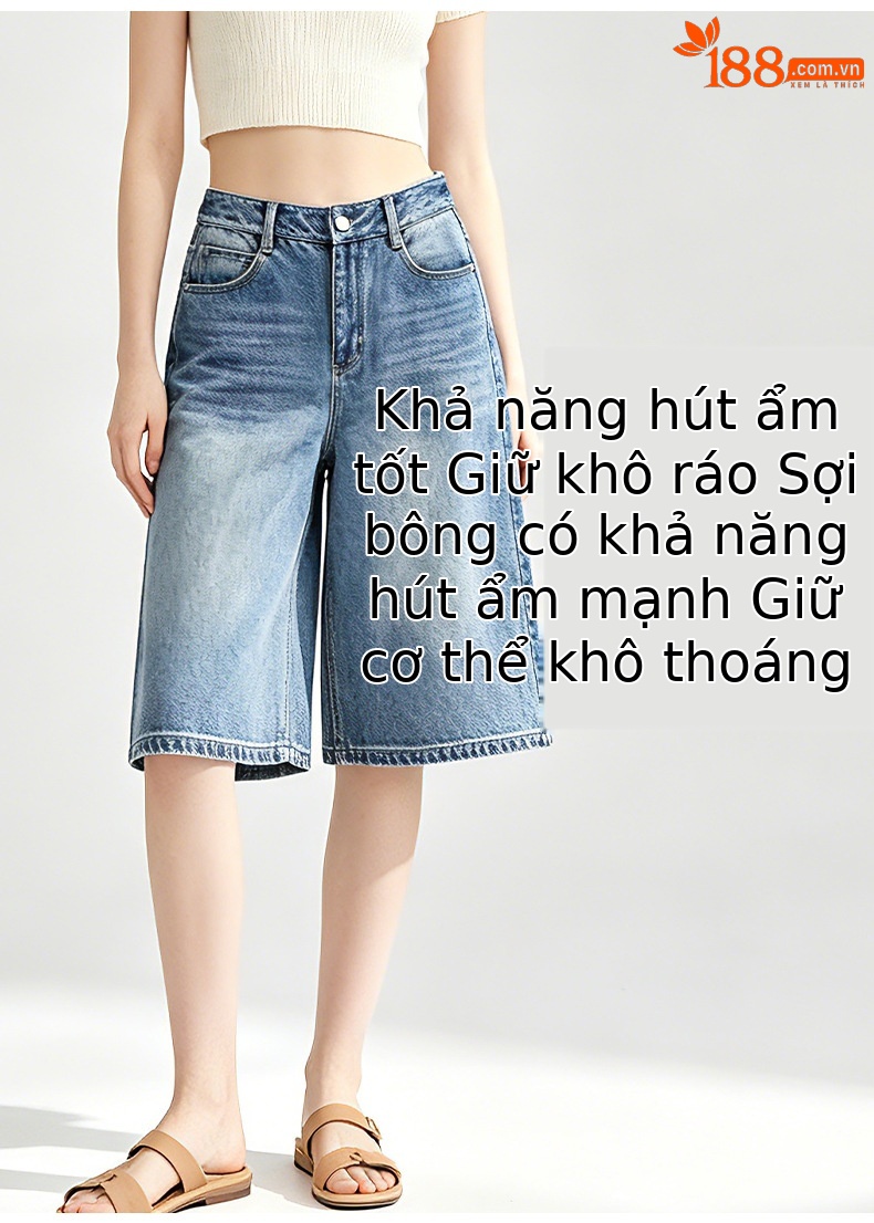 Quần jean nữ ống rộng cạp cao dáng suông thoáng mát — xanh lam chi tiết 12