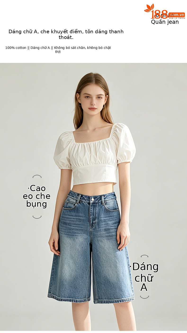 Quần jean nữ ống rộng cạp cao dáng suông thoáng mát — xanh lam chi tiết 1