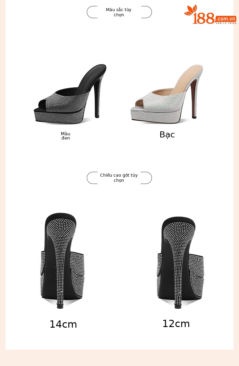 Sandal cao gót nữ hở mũi đính đá lấp lánh gót 12 cm đế platform — Bạc 12cm chi tiết 2