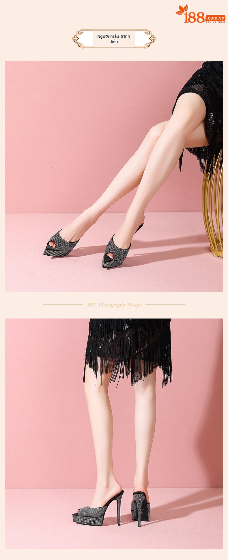 Sandal cao gót nữ hở mũi đính đá lấp lánh gót 12 cm đế platform — Bạc 12cm chi tiết 5