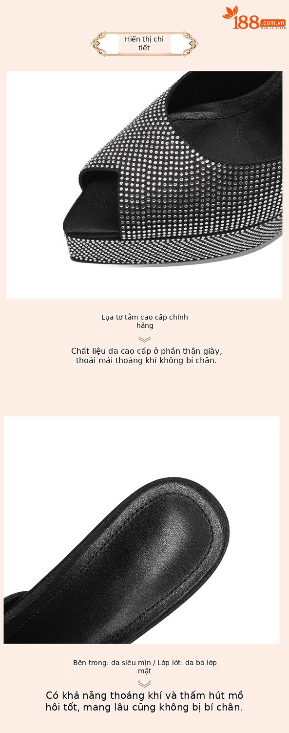 Sandal cao gót nữ hở mũi đính đá lấp lánh gót 12 cm đế platform — Bạc 12cm chi tiết 3