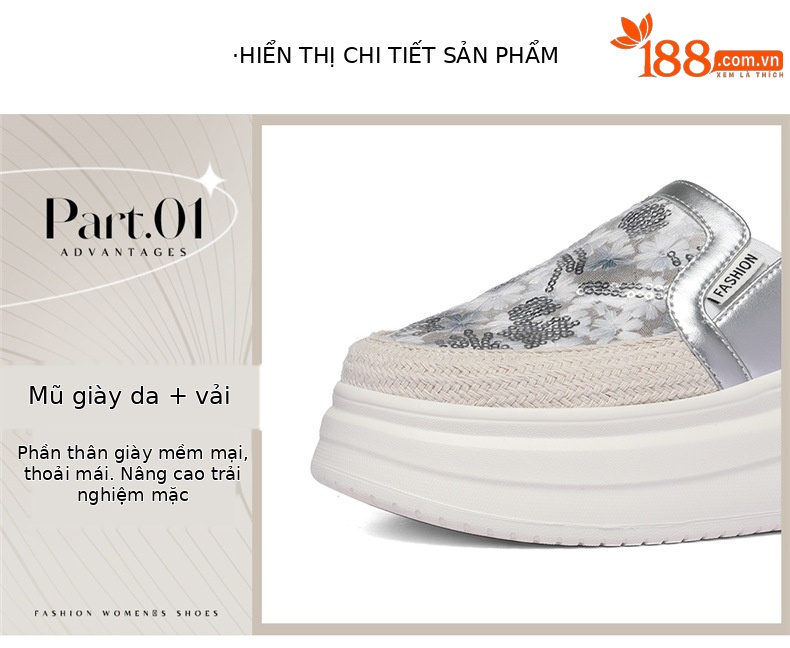 Giày mule nữ đế dày tăng chiều cao, mềm êm, dáng lười một bước — 6151 Vàng trắng, 615 Bạc chi tiết 6