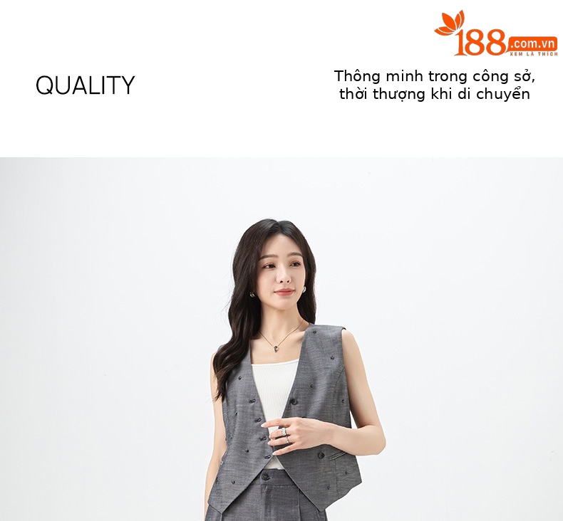 Bộ áo khoác gile và quần ống rộng nữ chất liệu tơ tằm phối lanh mùa hè — màu xám - quần tây 85207 chi tiết 2