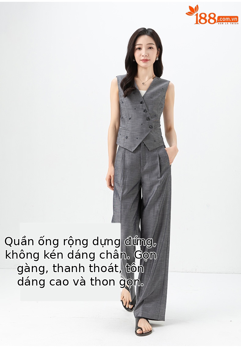 Bộ áo khoác gile và quần ống rộng nữ chất liệu tơ tằm phối lanh mùa hè — màu xám - quần tây 85207 chi tiết 13