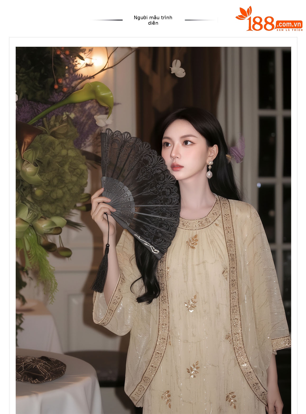 Bộ váy đầm maxi thắt eo phong cách tân cổ điển thêu hoa kết cườm — bộ đồ, váy liền, áo khoác chi tiết 1