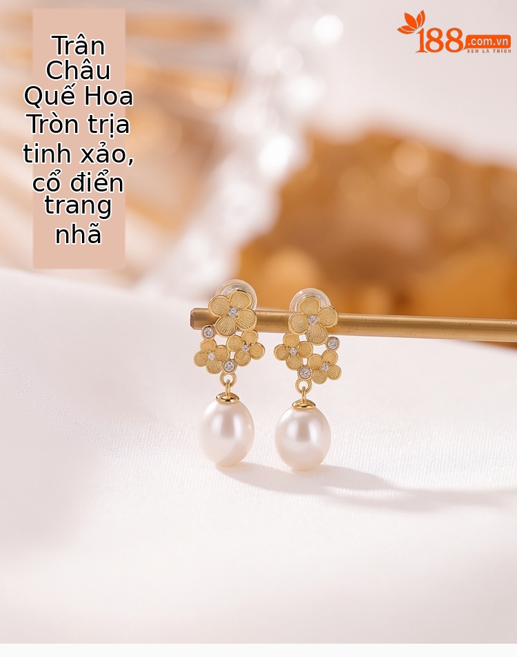 Bông tai bạc S925 mạ vàng đính ngọc trai nước ngọt hình hoa quế — Cặp đôi chi tiết 1
