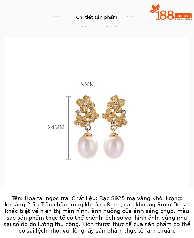 Bông tai bạc S925 mạ vàng đính ngọc trai nước ngọt hình hoa quế — Cặp đôi chi tiết 2
