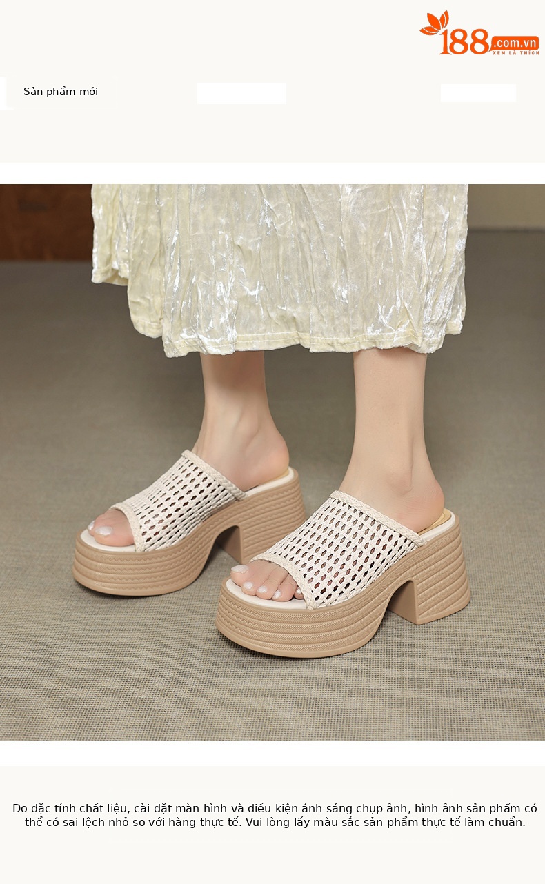 Sandal cao gót nữ đế dày phong cách La Mã, mũi hở, quai đan lộng lẫy — màu đen, màu trắng ngà chi tiết 1