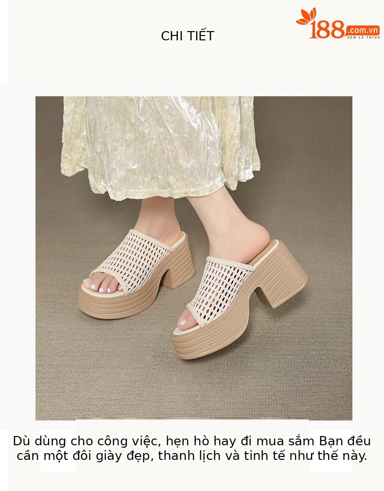 Sandal cao gót nữ đế dày phong cách La Mã, mũi hở, quai đan lộng lẫy — màu đen, màu trắng ngà chi tiết 2