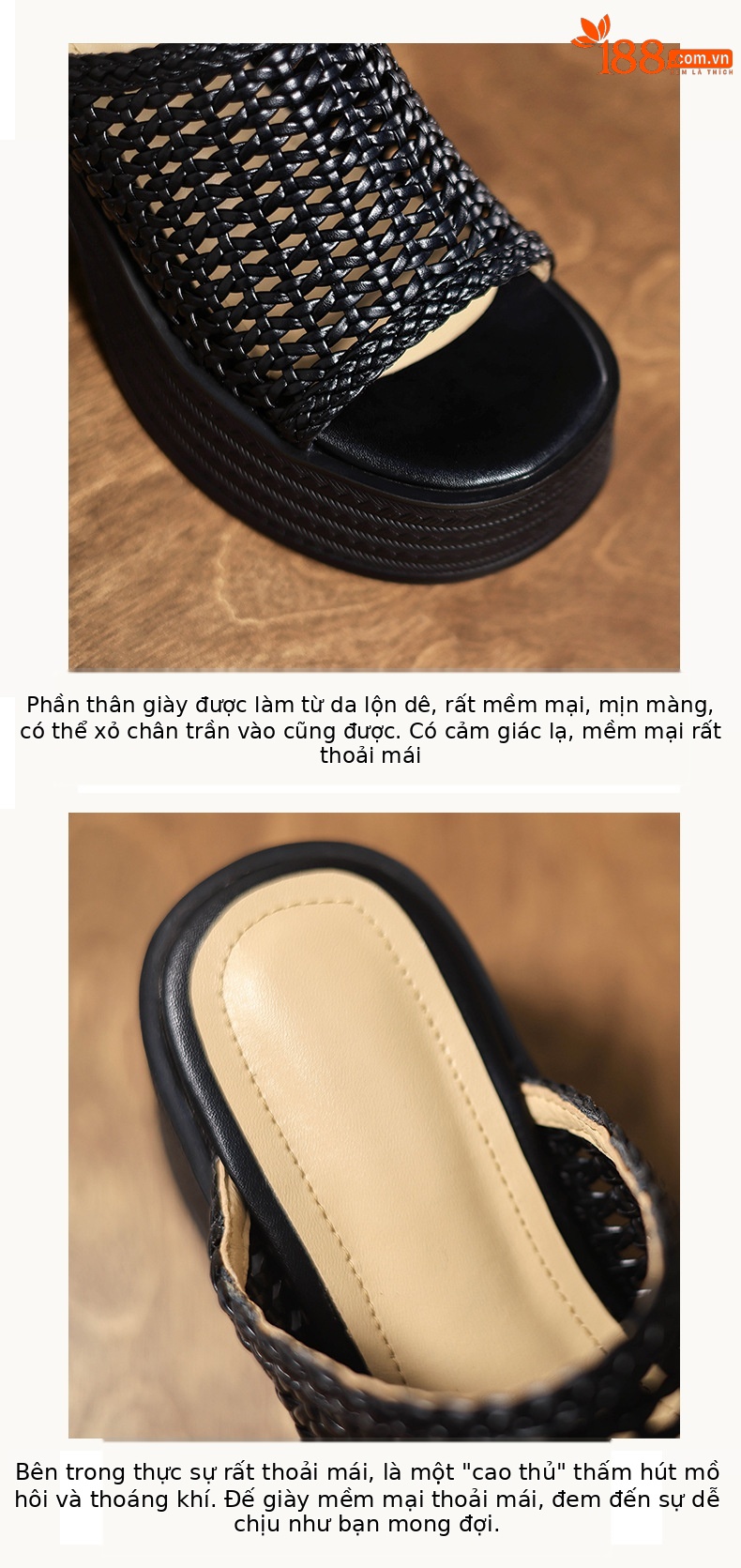 Sandal cao gót nữ đế dày phong cách La Mã, mũi hở, quai đan lộng lẫy — màu đen, màu trắng ngà chi tiết 3