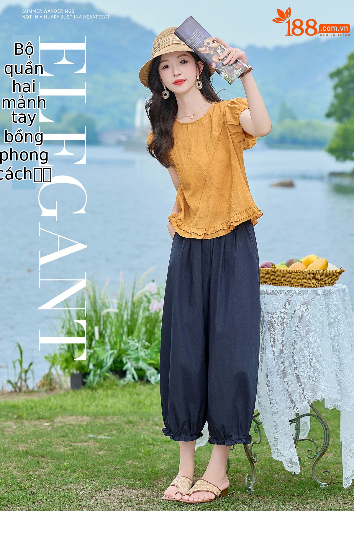 Bộ áo thun cổ tròn tay ngắn + quần ống rộng nữ 2 món mùa hè — màu sắc, màu xanh hồ chi tiết 1