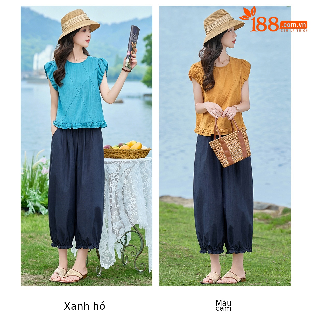 Bộ áo thun cổ tròn tay ngắn + quần ống rộng nữ 2 món mùa hè — màu sắc, màu xanh hồ chi tiết 10