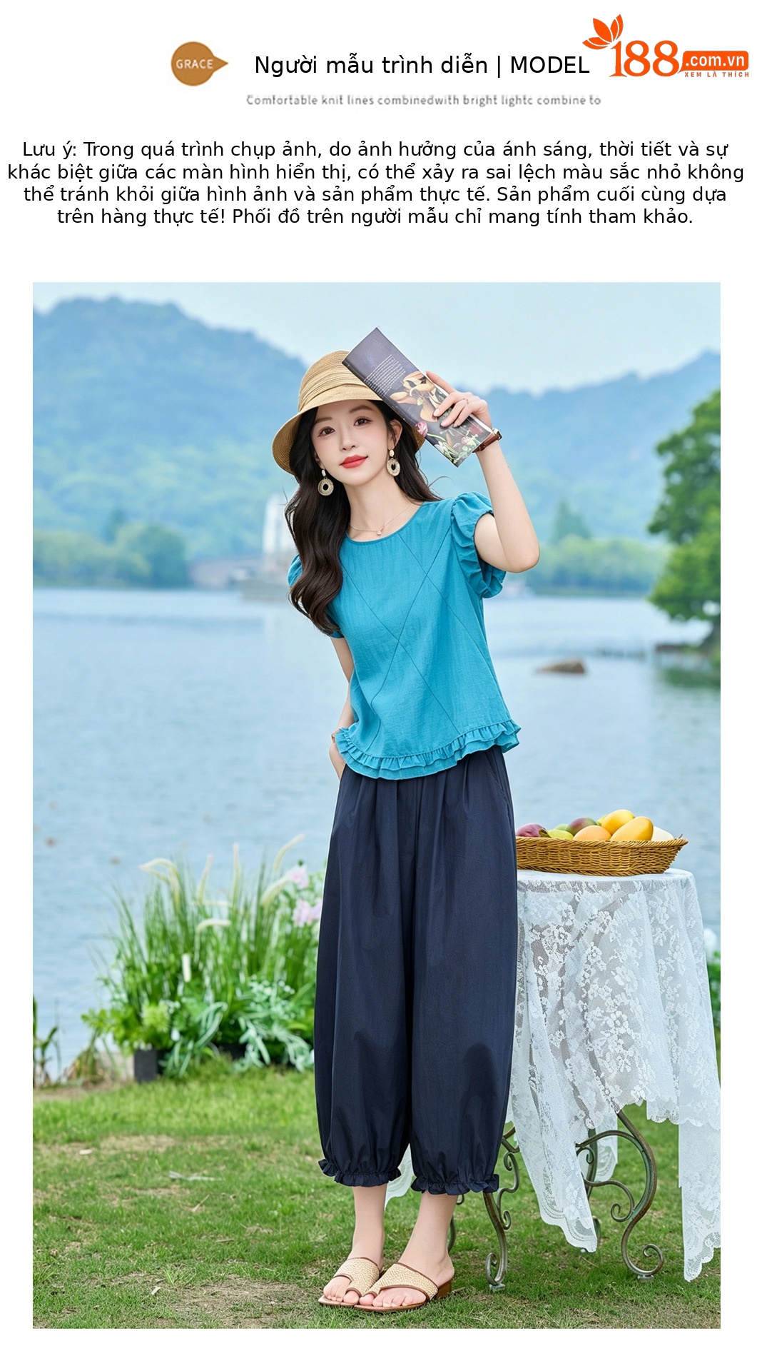 Bộ áo thun cổ tròn tay ngắn + quần ống rộng nữ 2 món mùa hè — màu sắc, màu xanh hồ chi tiết 11