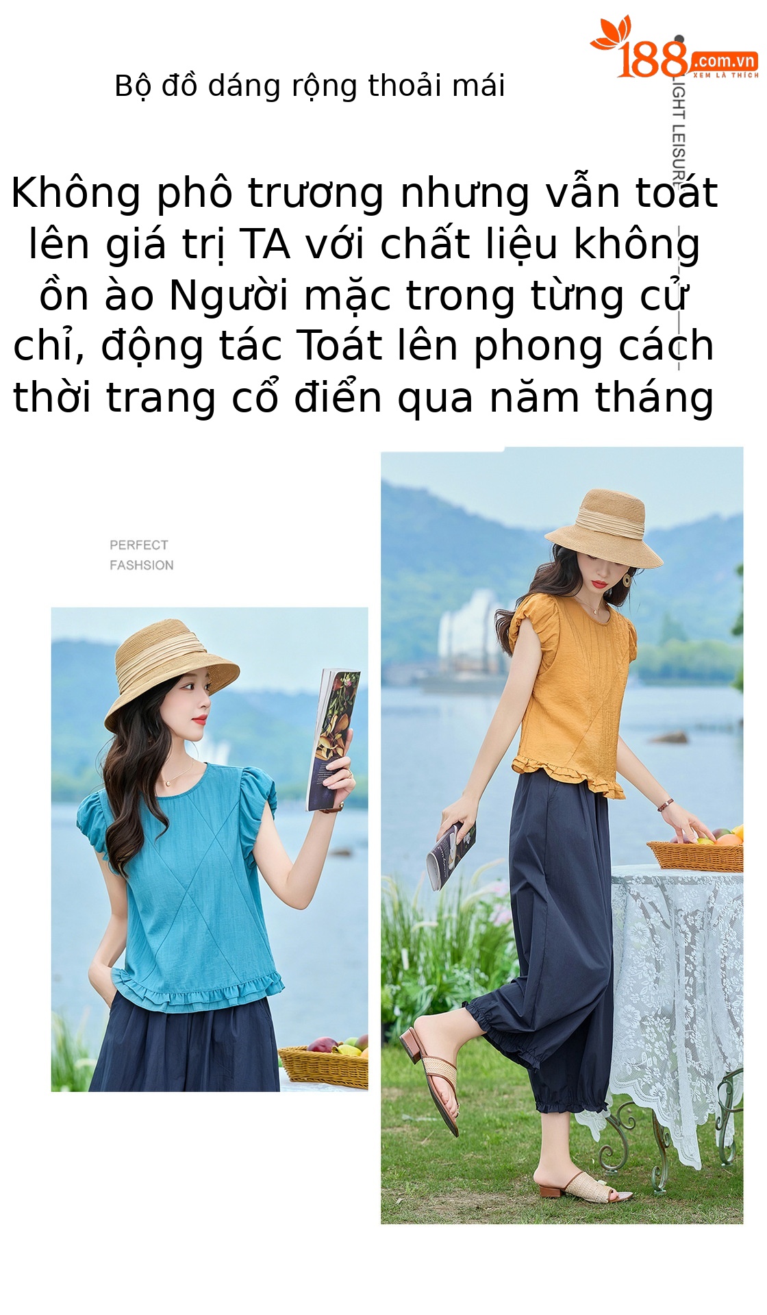 Bộ áo thun cổ tròn tay ngắn + quần ống rộng nữ 2 món mùa hè — màu sắc, màu xanh hồ chi tiết 2