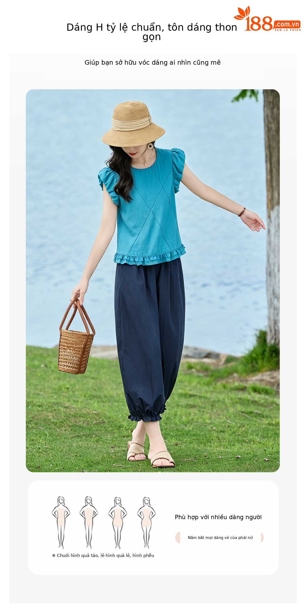 Bộ áo thun cổ tròn tay ngắn + quần ống rộng nữ 2 món mùa hè — màu sắc, màu xanh hồ chi tiết 3